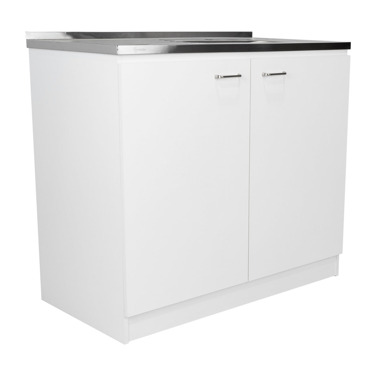 Mueble Inferior Napoles Blanco 100x90cm con Mesón de Acero Inoxidable y con Pozuelo Lado Derecho - Cocinas | Bylmo