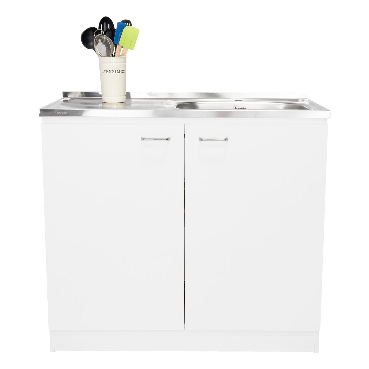 Mueble Inferior Napoles Blanco 100x90cm con Mesón de Acero Inoxidable y con Pozuelo Lado Derecho - Cocinas | Bylmo