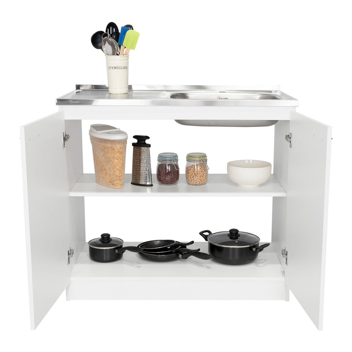 Mueble Inferior Napoles Blanco 100x90cm con Mesón de Acero Inoxidable y con Pozuelo Lado Derecho - Cocinas | Bylmo