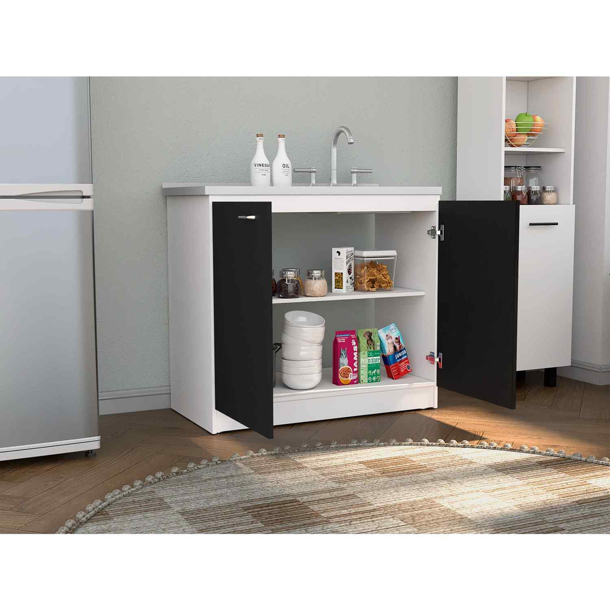 Mueble Inferior Napoles Wengue y Blanco 100x90cm con Mesón de Acero Inoxidable y con Pozuelo Lado Derecho - Cocinas | Bylmo