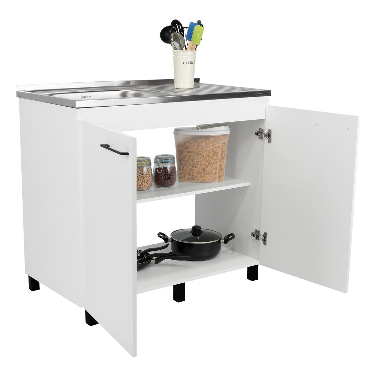 Mueble Inferior Napoles Blanco 100x89cm con Mesón de Acero Inoxidable y con Pozuelo Lado Izquierdo - Muebles Inferiores | Bylmo