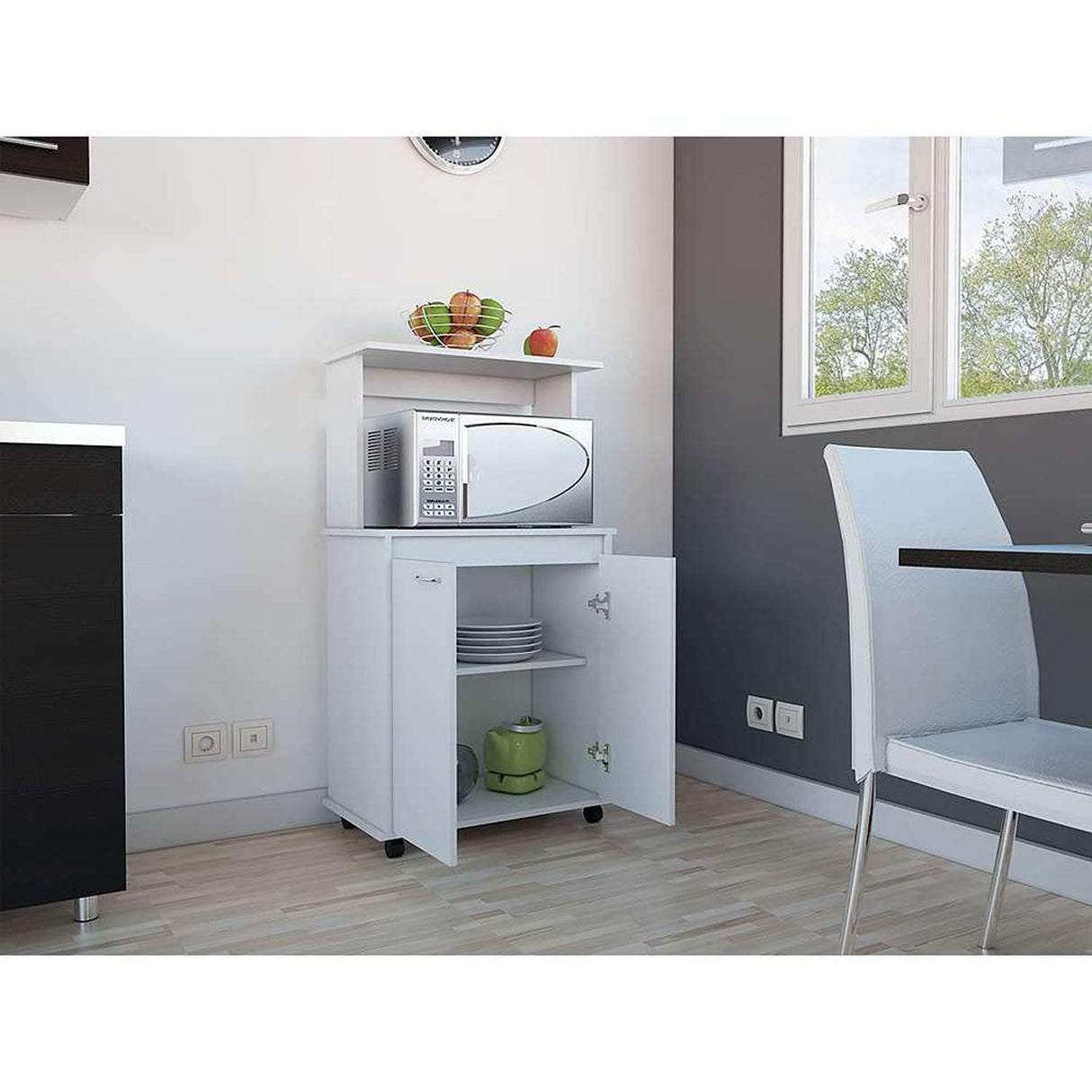 Mueble Microondas Blanco 63x113.5cm con Dos Entrepaños y Tres Compartimientos - Cocinas | Bylmo