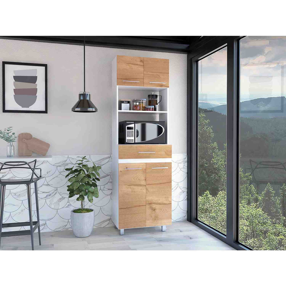 Mueble Microondas Luna Blanco y Duna 62.1x201.5cm con Un Cajón y con Cuatro Puertas - Muebles Organizadores | Bylmo