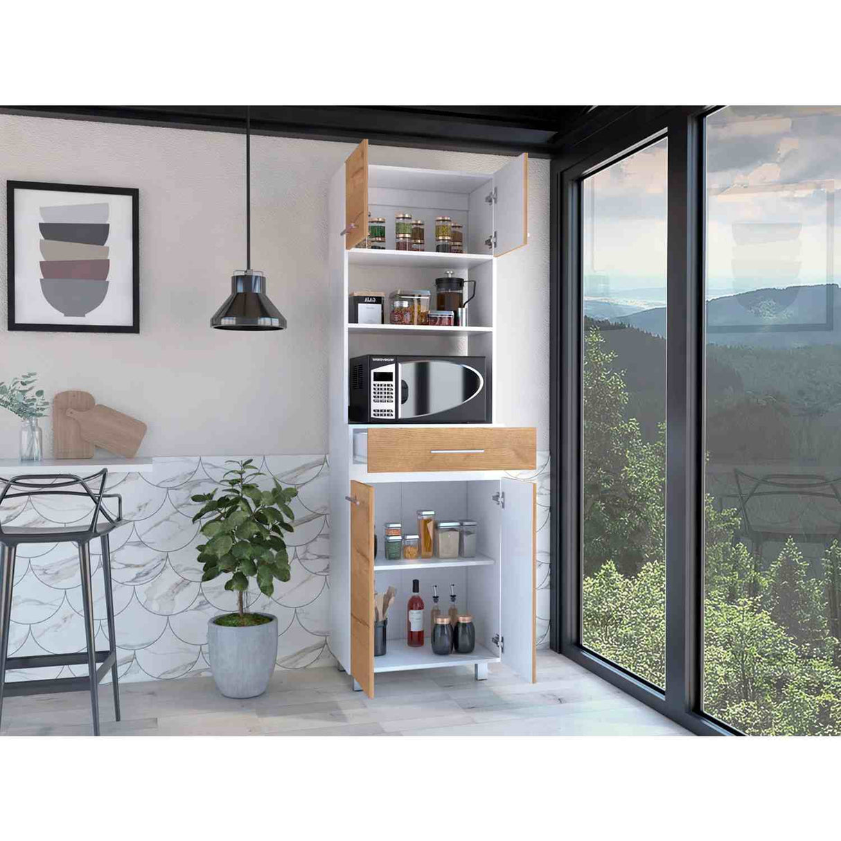 Mueble Microondas Luna Blanco y Duna 62.1x201.5cm con Un Cajón y con Cuatro Puertas - Muebles Organizadores | Bylmo