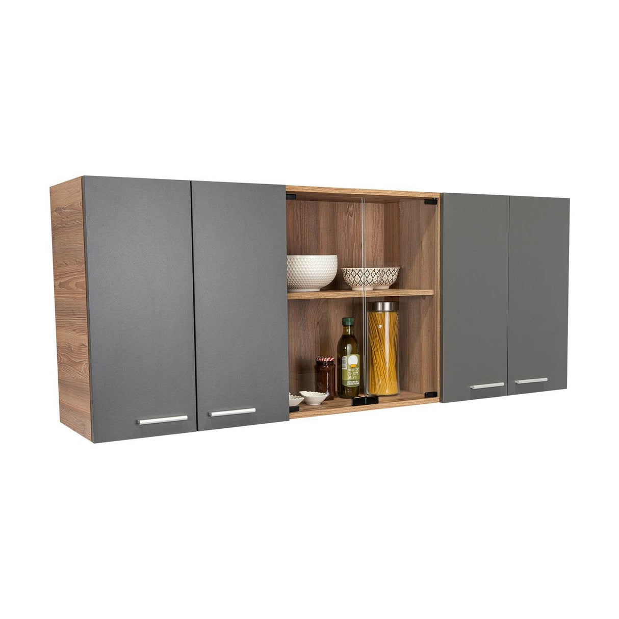 Mueble Superior de Cocina Miel y Plomo 150x60cm con Seis Puertas con Locero - Cocinas | Bylmo