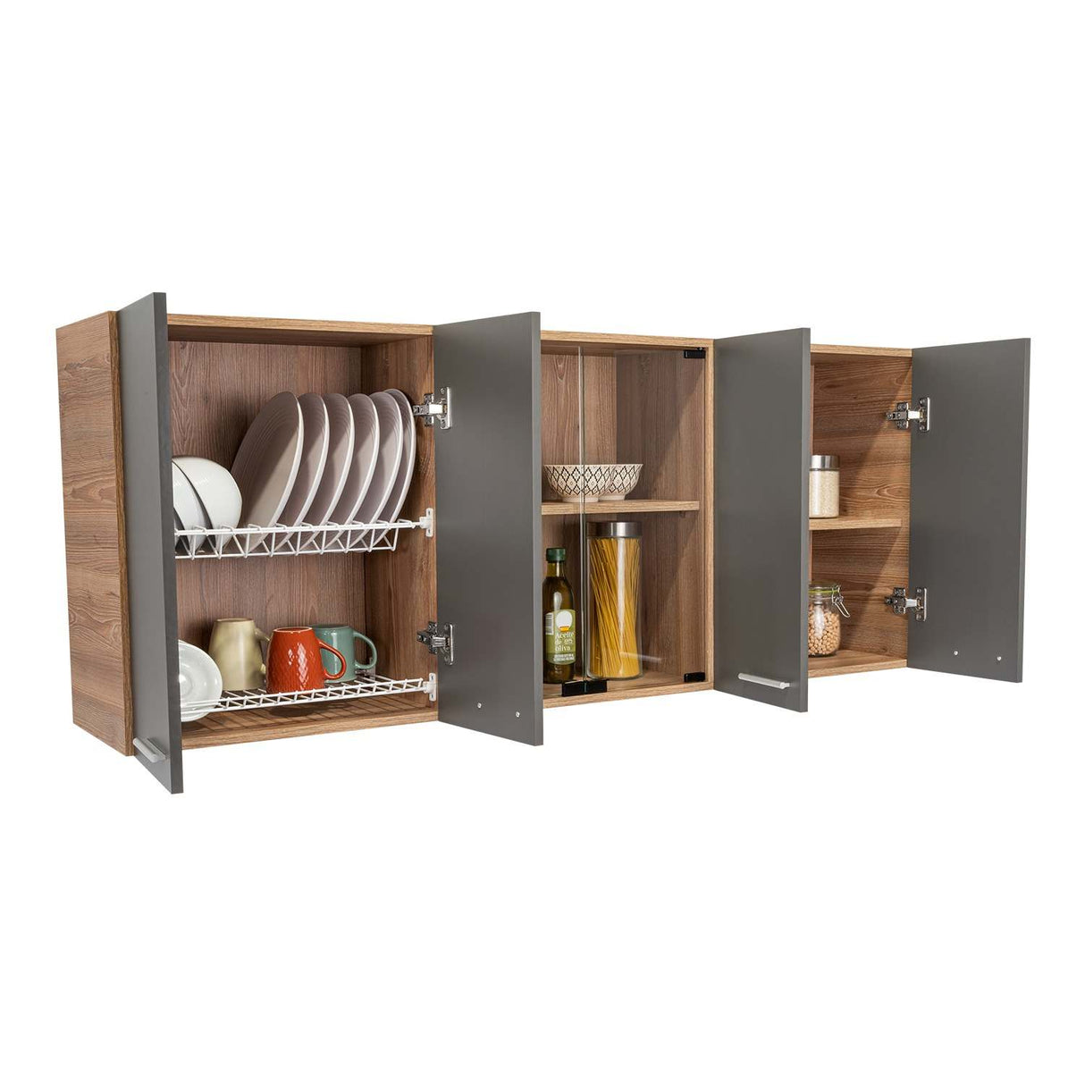Mueble Superior de Cocina Miel y Plomo 150x60cm con Seis Puertas con Locero - Cocinas | Bylmo