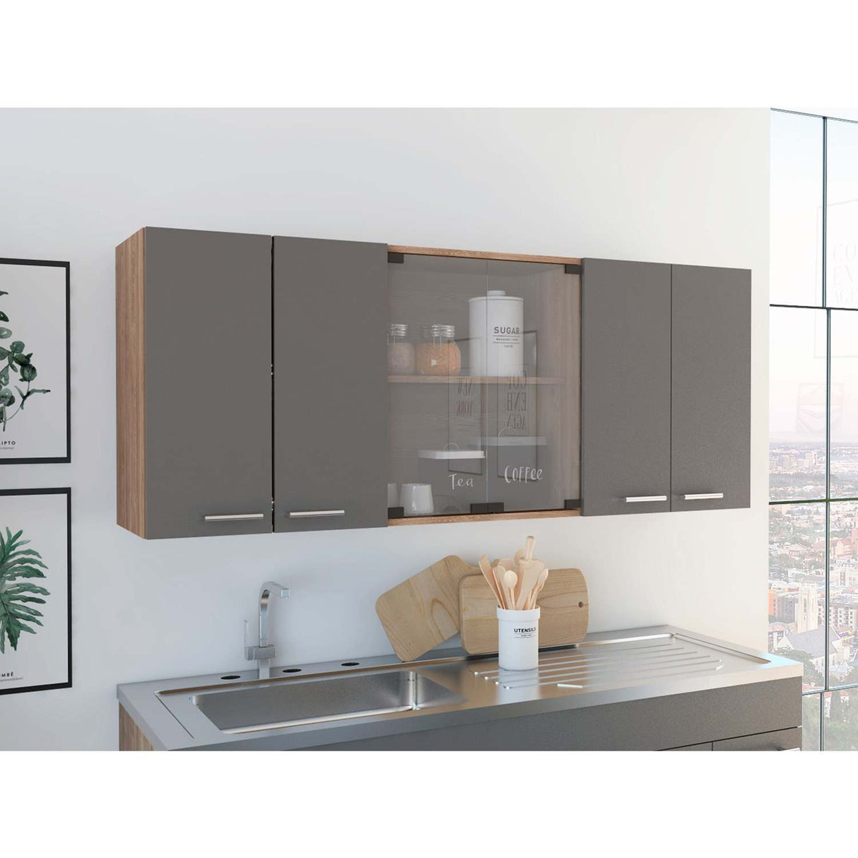 Mueble Superior de Cocina Miel y Plomo 150x60cm con Seis Puertas con Locero - Cocinas | Bylmo