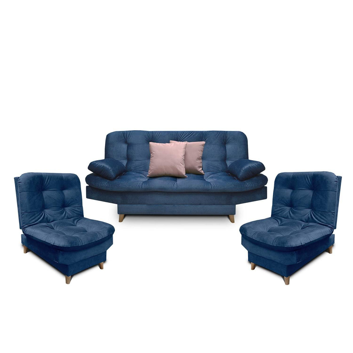 Sala Clic Clac Fendik Azul 210 cm con Sofá de 3 Puestos, 2 Poltronas Reclinables y Cojines Decorativos