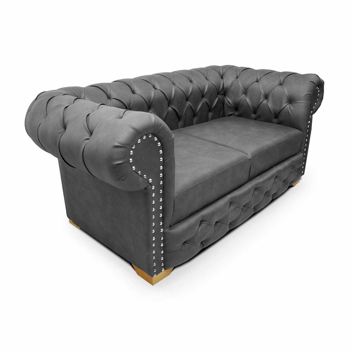 Sofá Chesterfield Cuero Gris 210x78cm De 3 Puestos con Apoya Brazos