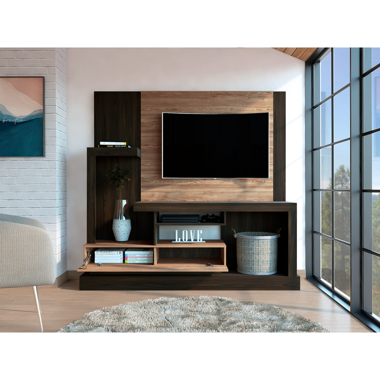 Centro de Entretenimiento Alcaceres Habano y Miel 180x172.2cm para TV Hasta 55 Pulgadas con Ranuras para Cables y con Tres Compartimientos - Muebles para TV | Bylmo