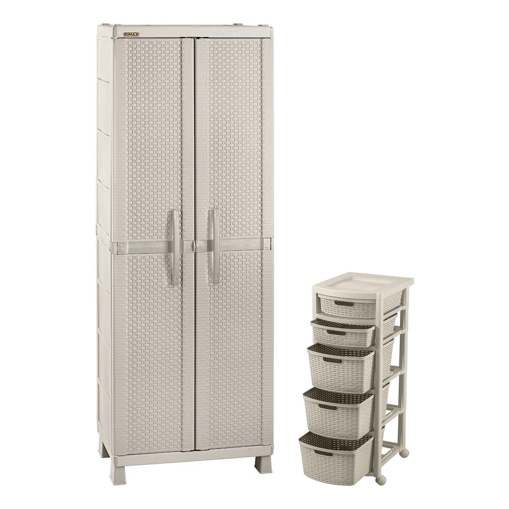 Combo Armario Rimax Rattan Taupe y Cajonera Rattan Taupe 5 Cajones