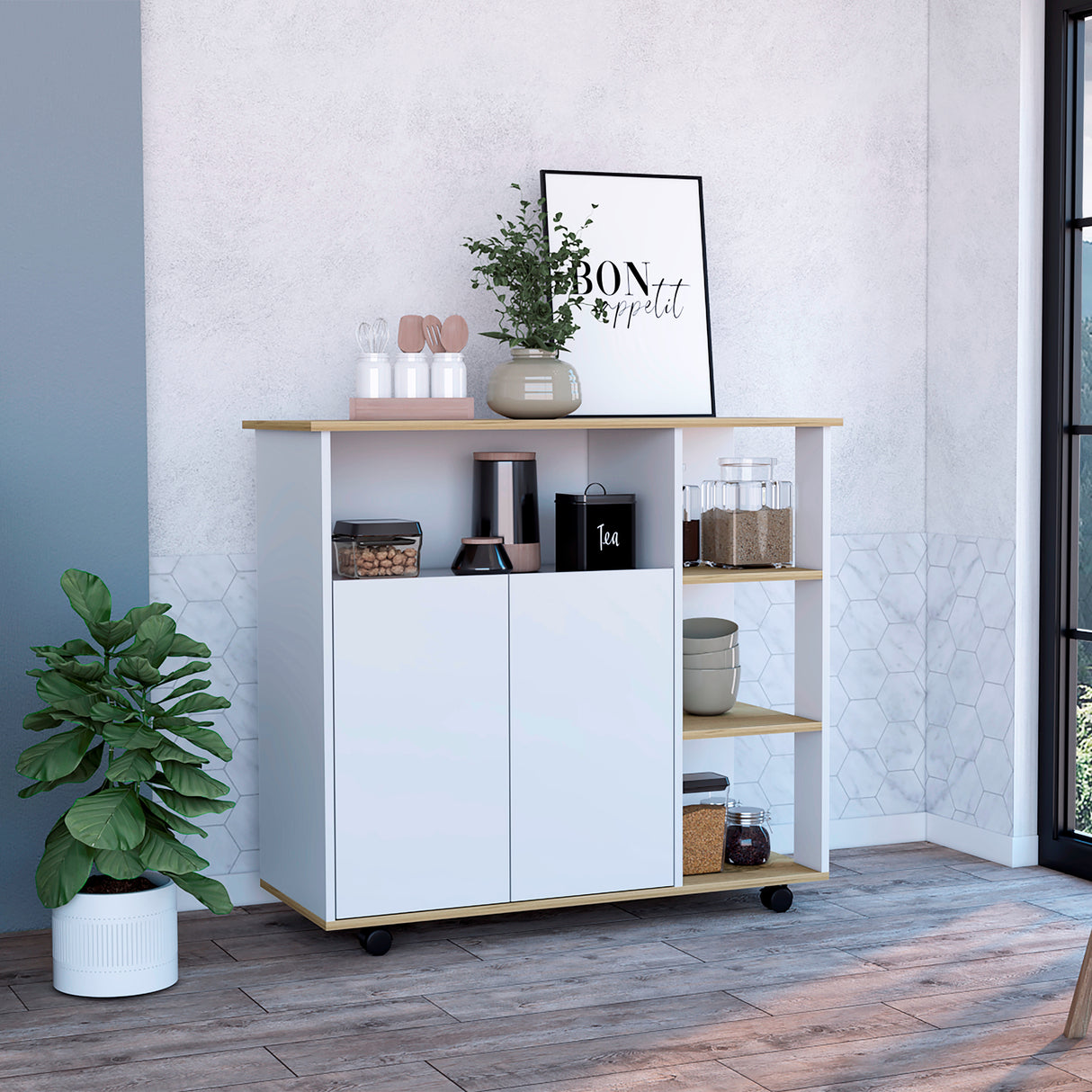 Mesón BiColor Blanco 100x90cm con Cuatro Entrepaños y Cinco Compartimientos - Barras y Muebles Auxiliares | Bylmo