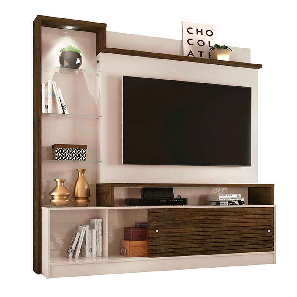 Centro de Entretenimiento Frizz Blanco y Cafe 183 cm con Dos Puertas y Entrepaños de Vidrio - Muebles para TV | Bylmo