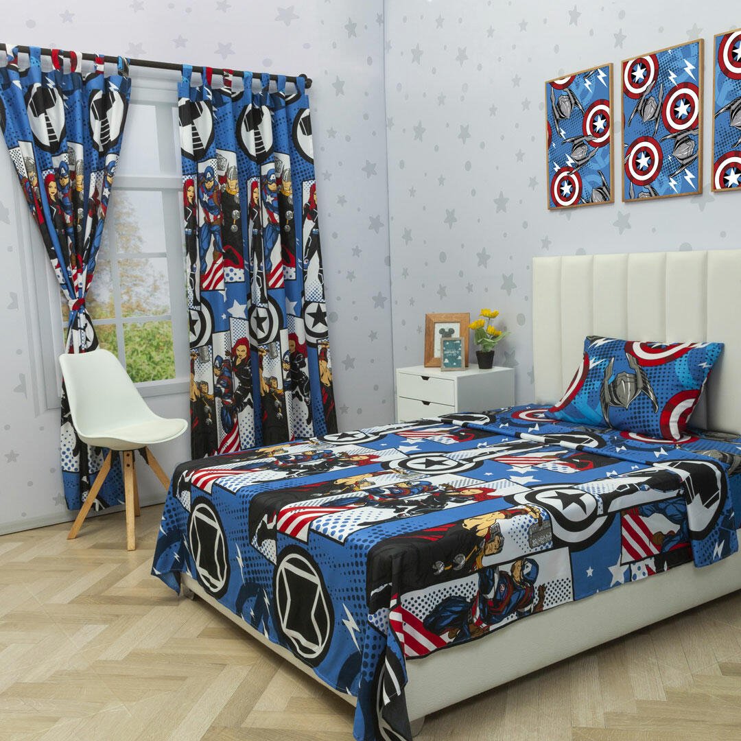 Combo Juego de Sabanas y Cortina Infantil Microfibra Sencilla 100 cm Azul de Avengers - Ropa de Cama | Bylmo