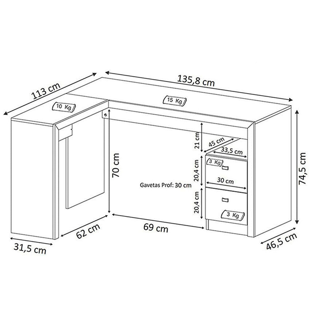 Escritorio en L Athenas Nogal 135 cm con Cajones - Escritorios y Archivadores | Bylmo