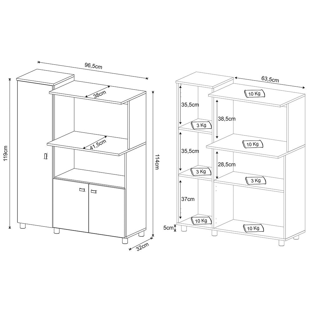 Mueble Auxiliar de Cocina Segovia Blanco 96.5x119cm con Cinco Entrepaños y con Seis Comportamientos - Muebles Organizadores | Bylmo