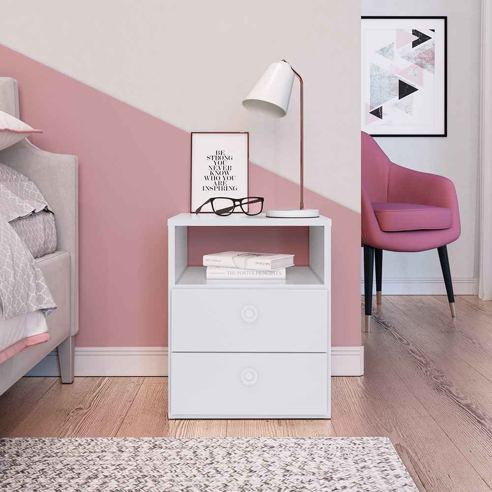 Mesa de Noche Melilla Blanco 38 cm con Dos Cajones - Mesas de Noche | Bylmo