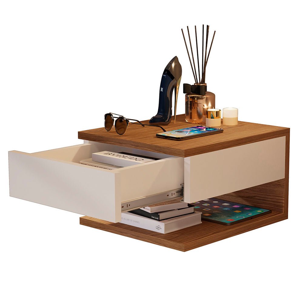 Mesa de Noche Flotante Roma Blanco Apagado y Natural 30x20cm sin Cajones - Mesas de Noche | Bylmo