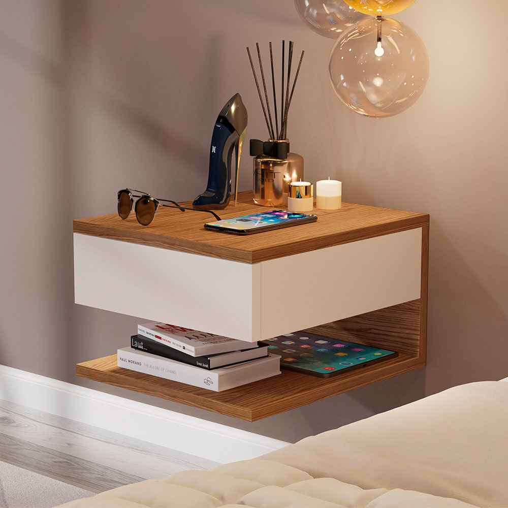 Mesa de Noche Flotante Roma Blanco Apagado y Natural 30x20cm sin Cajones - Mesas de Noche | Bylmo