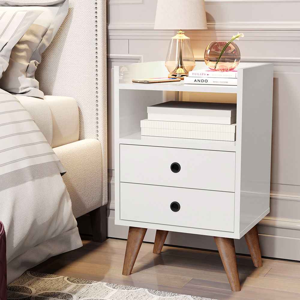Mesa de Noche Laos Blanco 38x63.5cm con Dos Cajones y con Un Compartimiento - Mesas de Noche | Bylmo