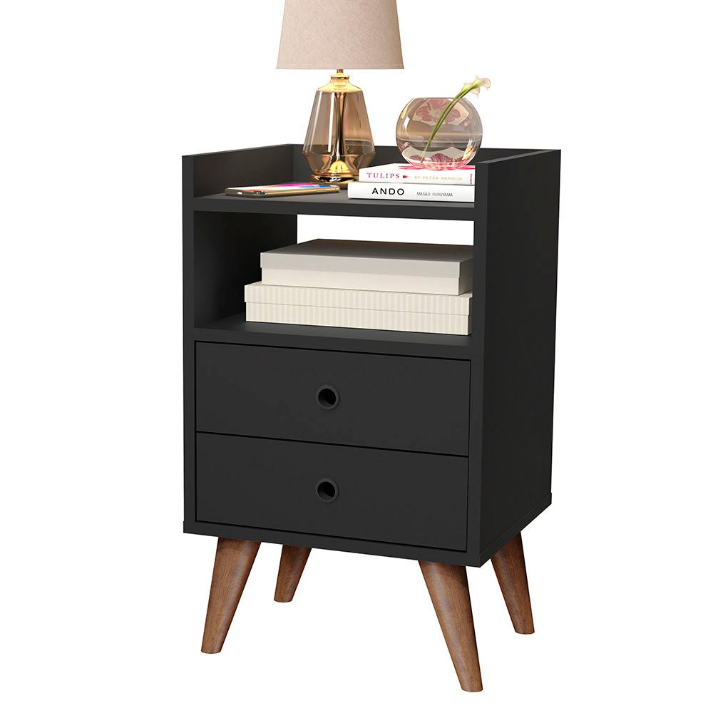 Mesa de Noche Laos Negro 38x63.5cm con Dos Cajones y con Un Compartimiento - Mesas de Noche | Bylmo