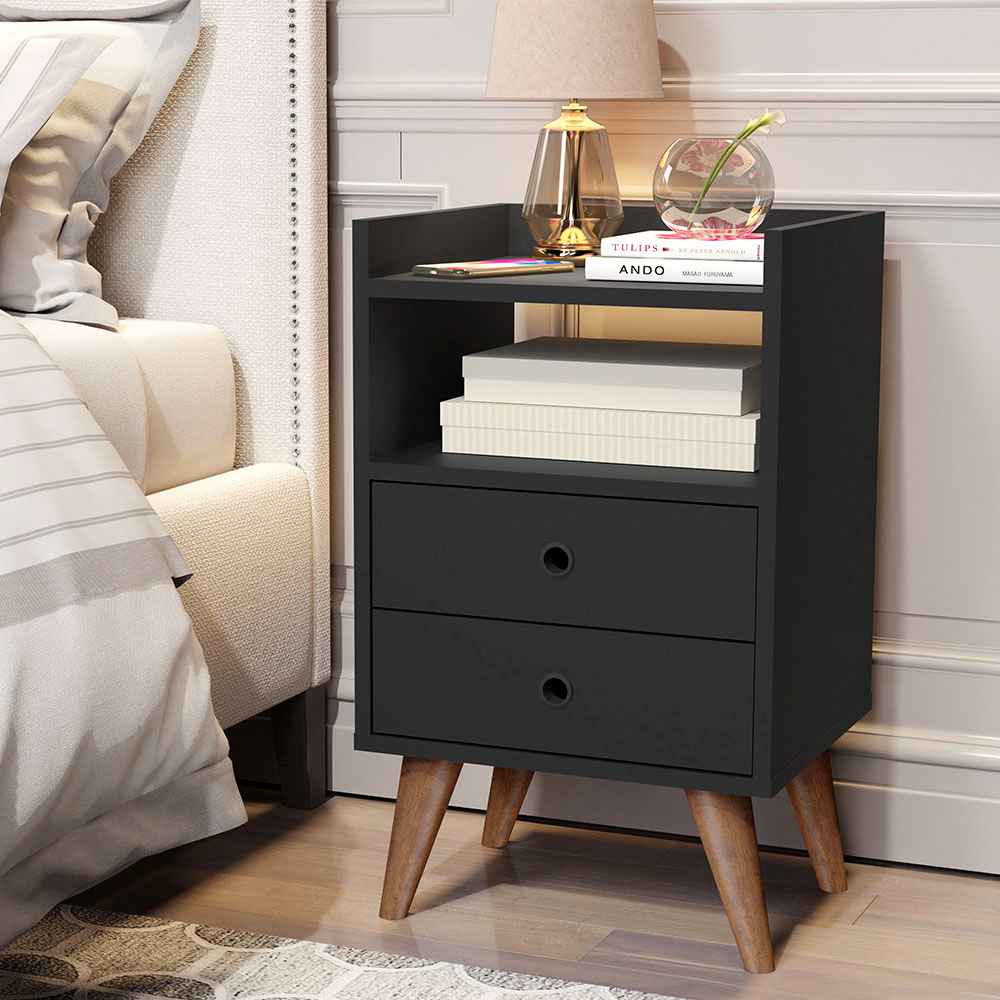 Mesa de Noche Laos Negro 38x63.5cm con Dos Cajones y con Un Compartimiento - Mesas de Noche | Bylmo