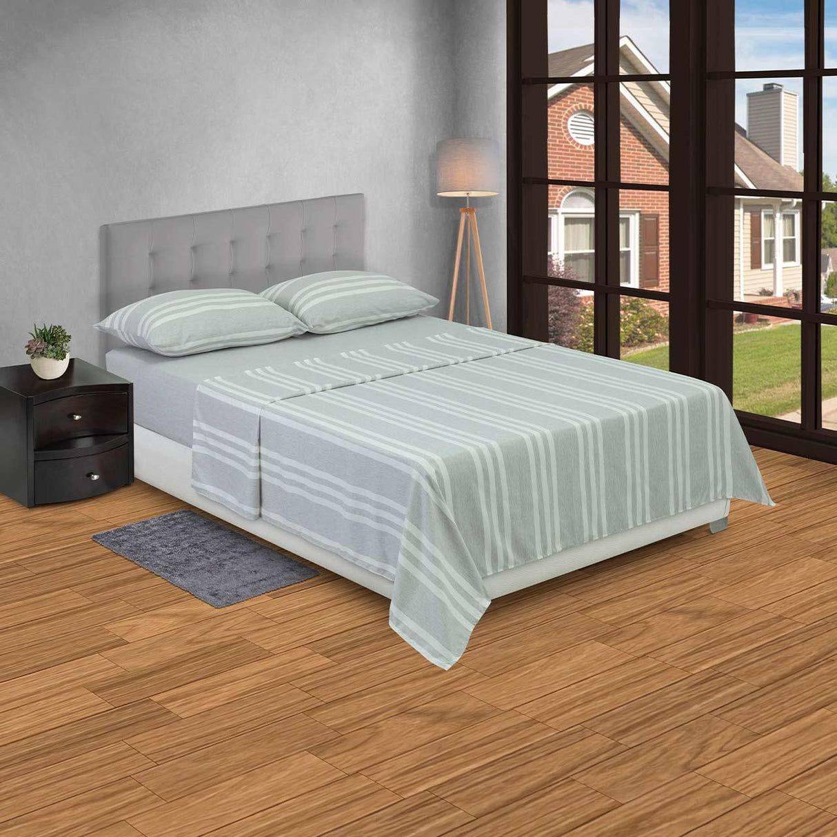 Juego de Sabanas Poliéster Doble 140 cm Gris Claro con Líneas Blancas - Ropa de Cama | Bylmo