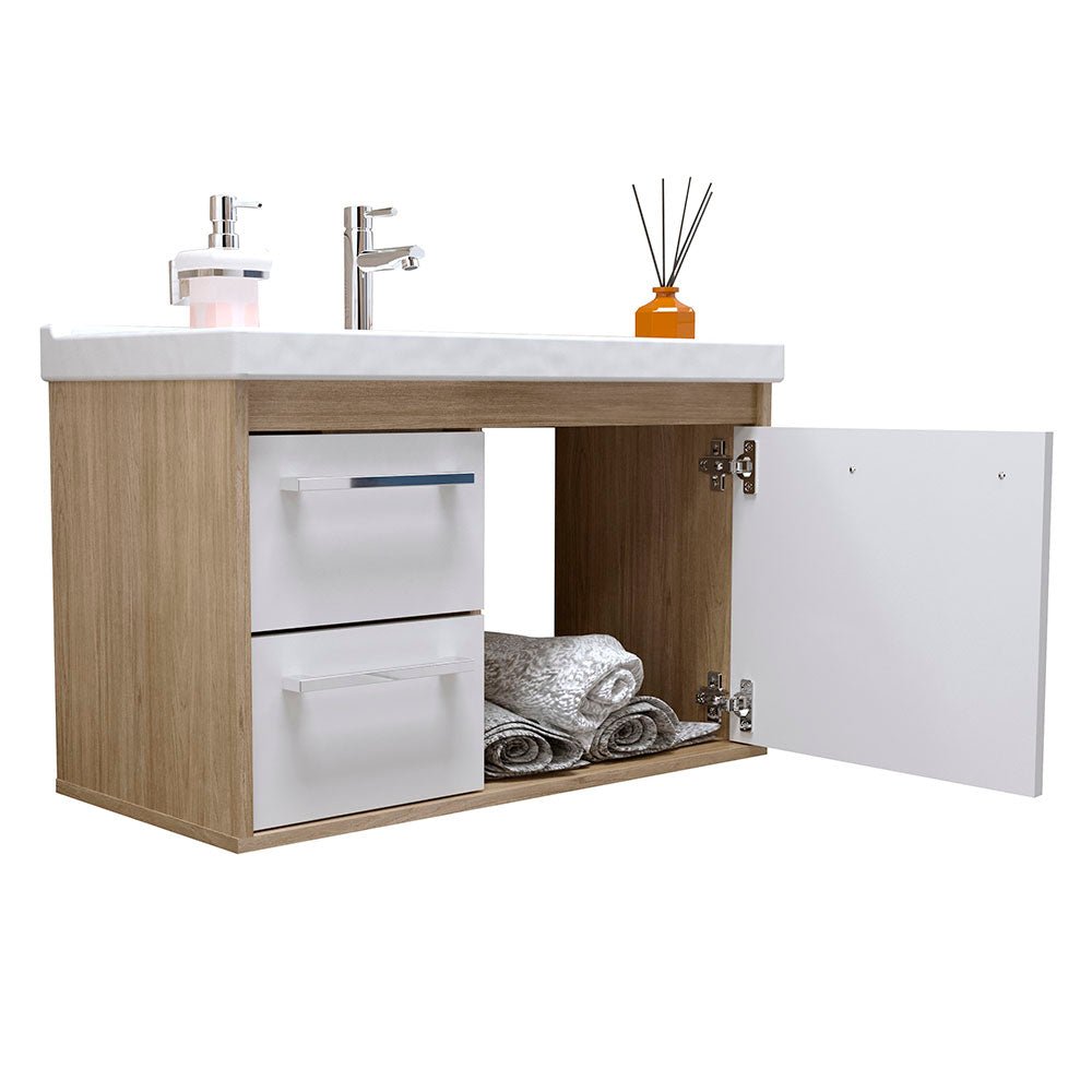 Mueble Salvatore Savana y Blanco 63 cm con Espejo, Una Puerta y Dos Cajones - Gabinetes | Bylmo