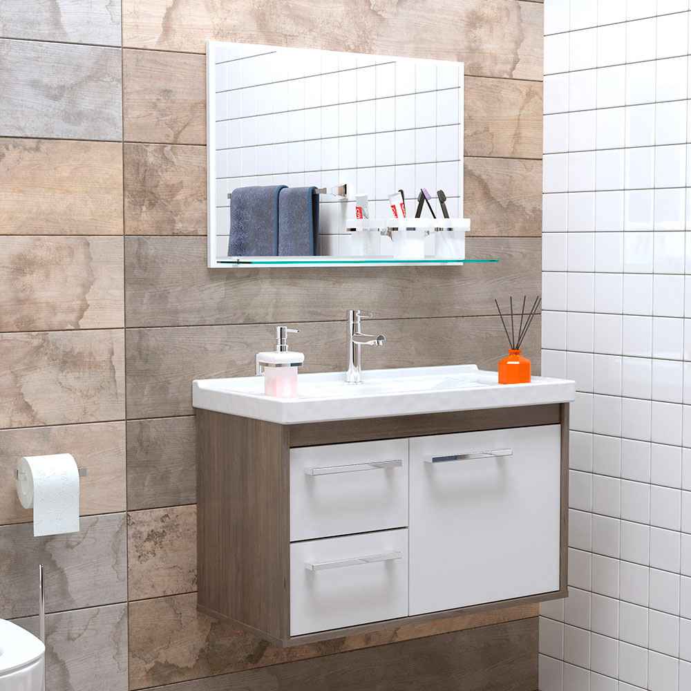 Mueble Salvatore Savana y Blanco 63 cm con Espejo, Una Puerta y Dos Cajones - Gabinetes | Bylmo