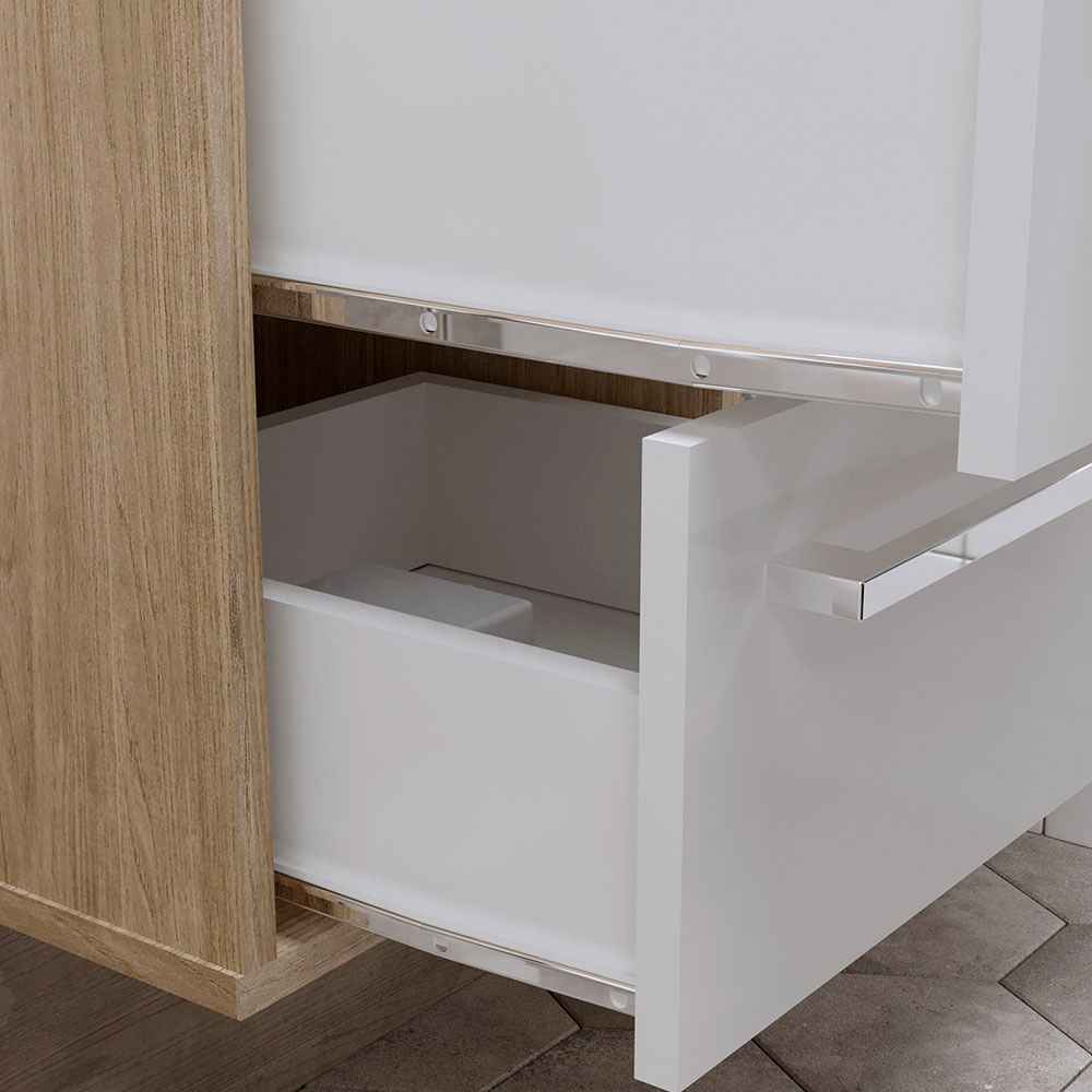 Mueble Salvatore Savana y Blanco 63 cm con Espejo, Una Puerta y Dos Cajones - Gabinetes | Bylmo