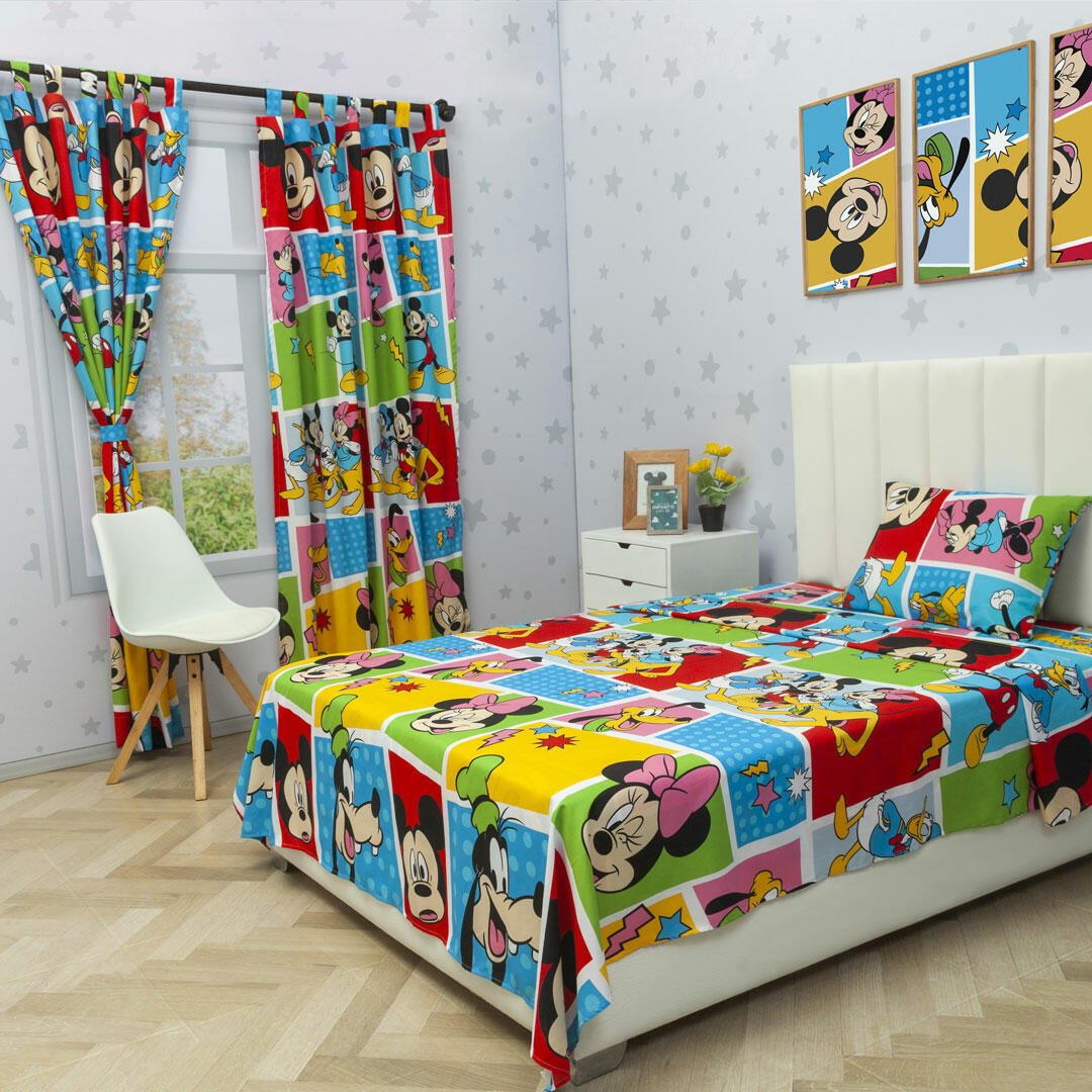 Combo Juego de Sabanas y Cortina Infantil Microfibra Sencilla 100 cm Blanco de Mickey y Sus Amigos - Ropa de Cama | Bylmo