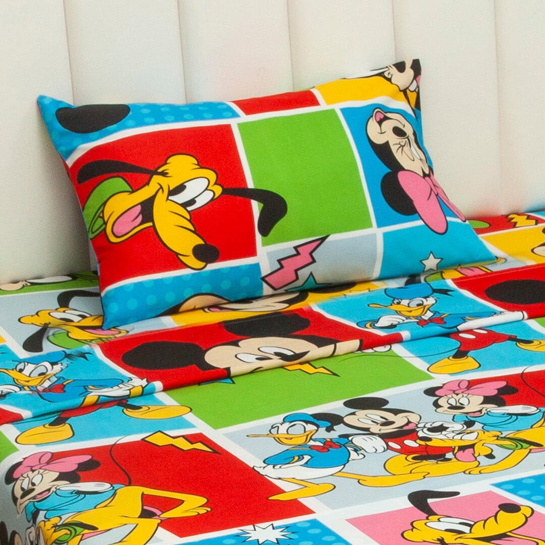 Combo Juego de Sabanas y Cortina Infantil Microfibra Sencilla 100 cm Blanco de Mickey y Sus Amigos - Ropa de Cama | Bylmo