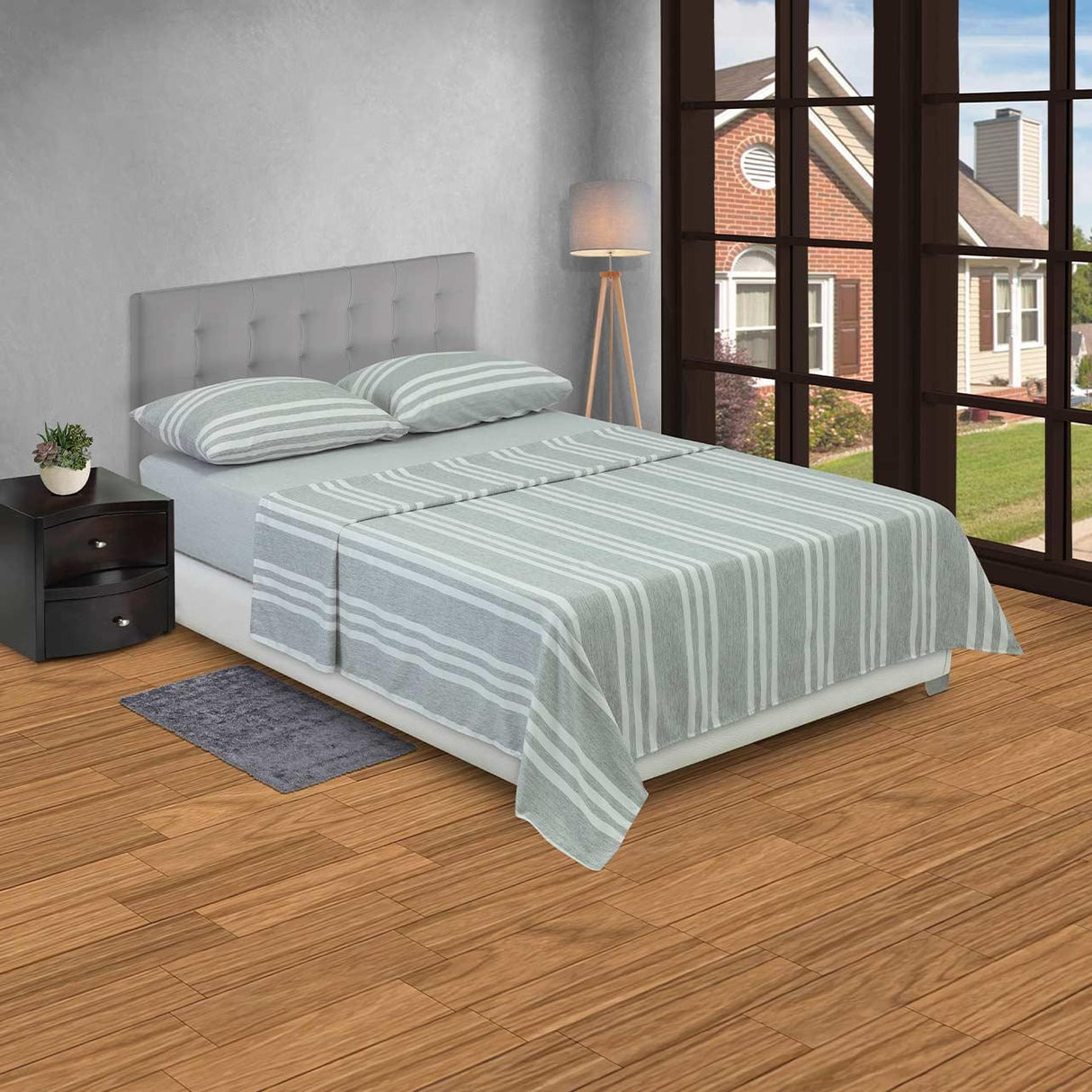 Juego de Sabanas Poliéster Doble 140 cm Gris Oscuro con Líneas Blancas - Ropa de Cama | Bylmo