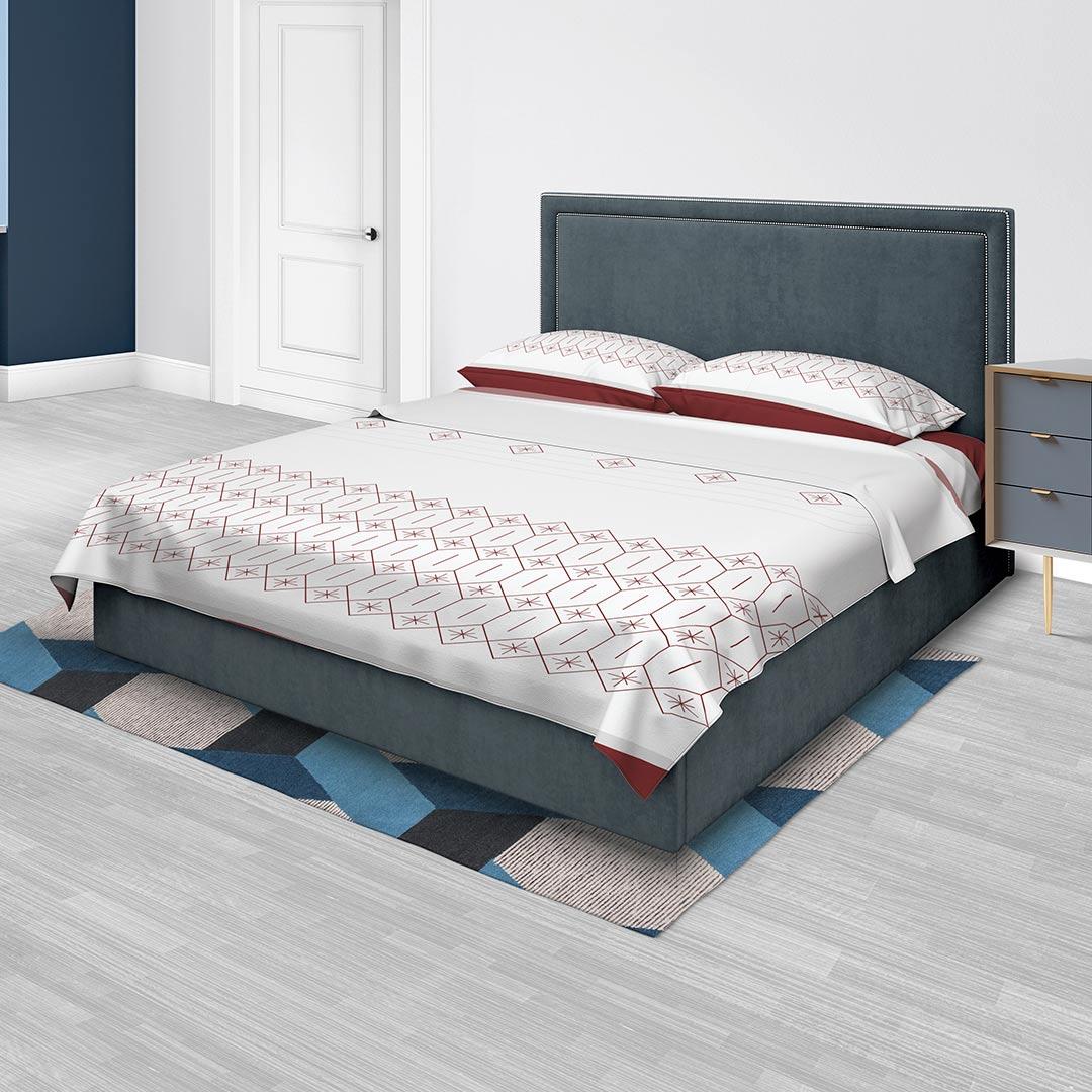 Juego de Sabanas Algodón 250 Hilos Queen 160 cm Blanco con Figuras Vino Tinto - Ropa de Cama | Bylmo