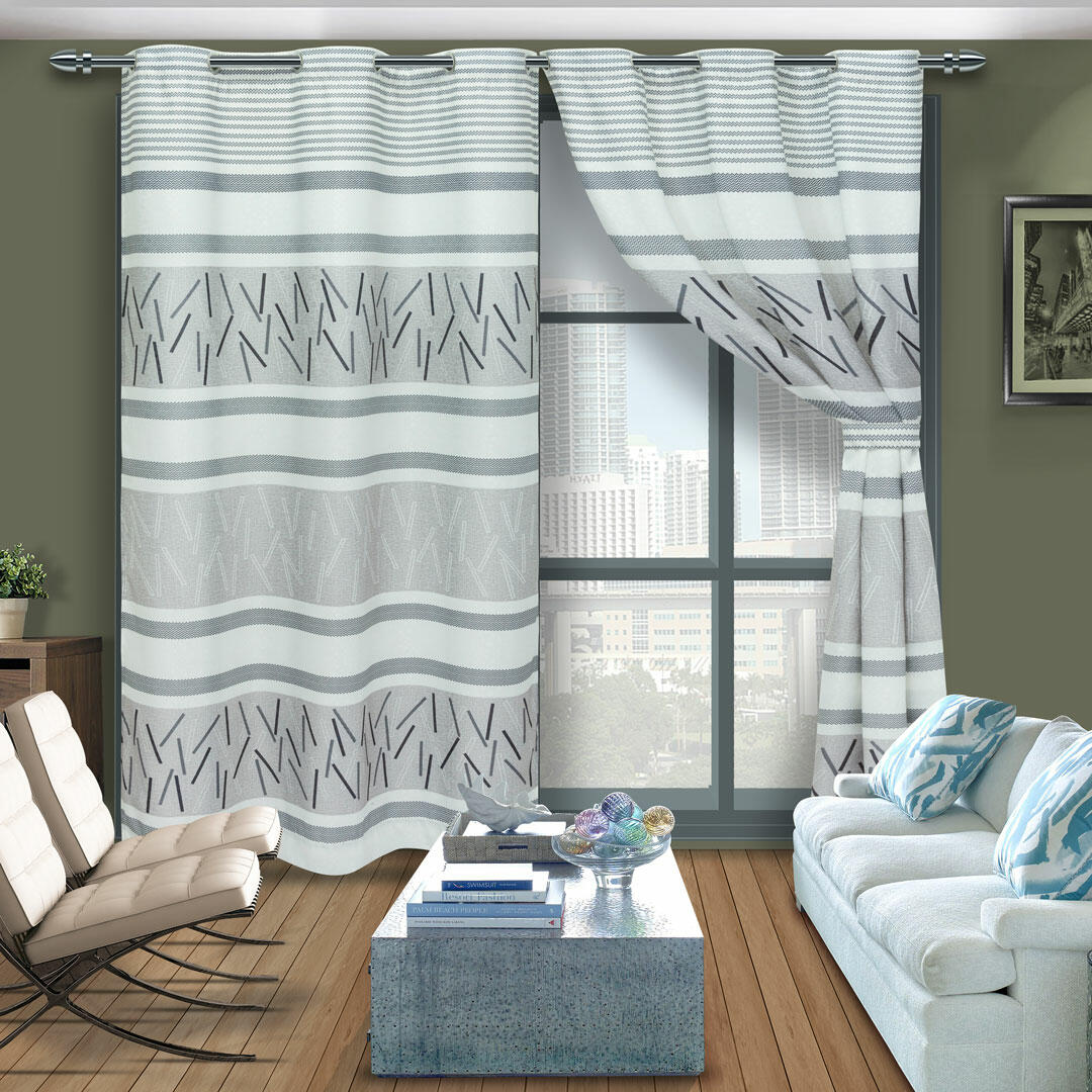 Cortina de Argolla Lona Blanco y Gris de Líneas y Ondas 265 cm - Cortinas | Bylmo