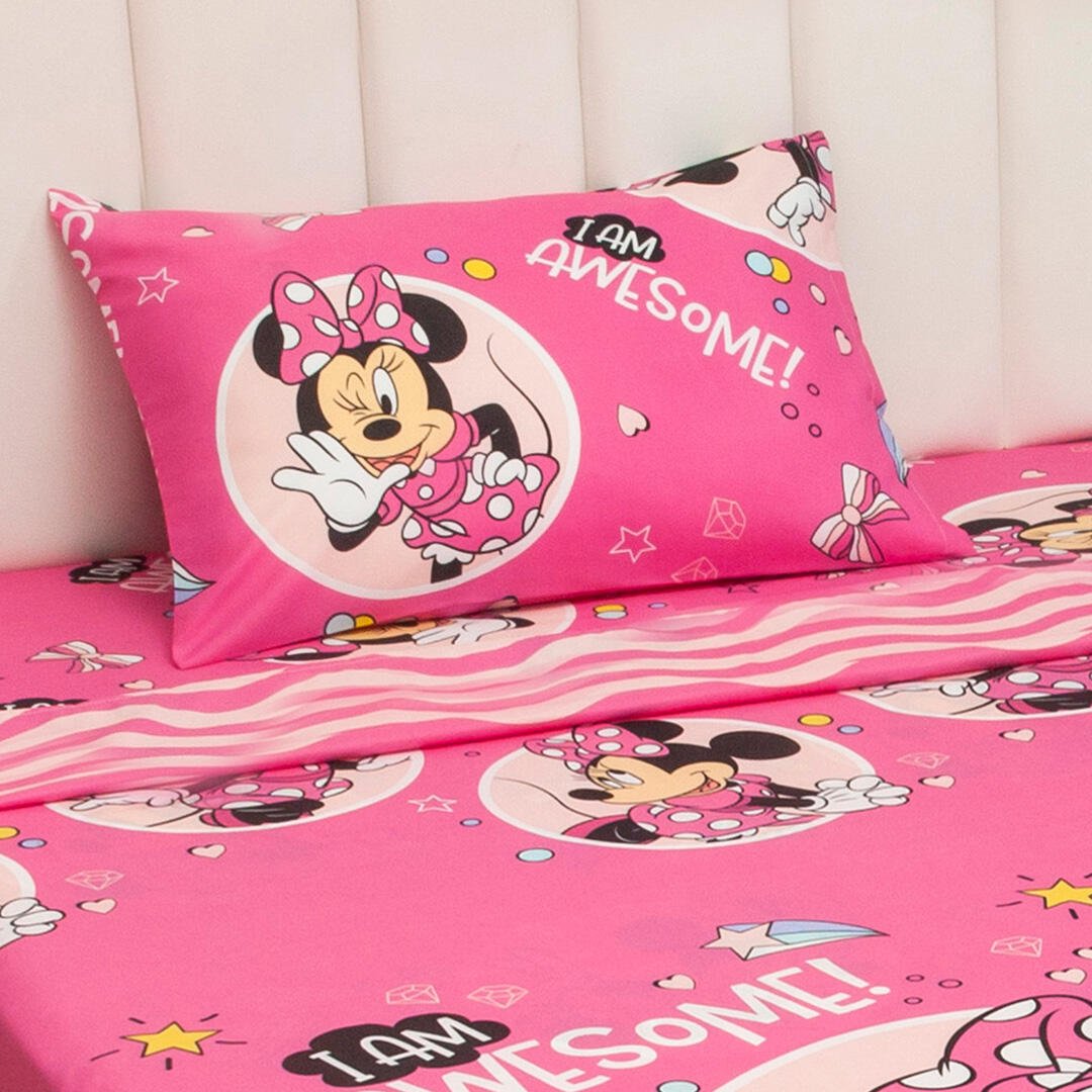 Combo Juego de Sabanas y Cortina Infantil Microfibra Sencilla 100 cm Rosado de Minnie - Ropa de Cama | Bylmo