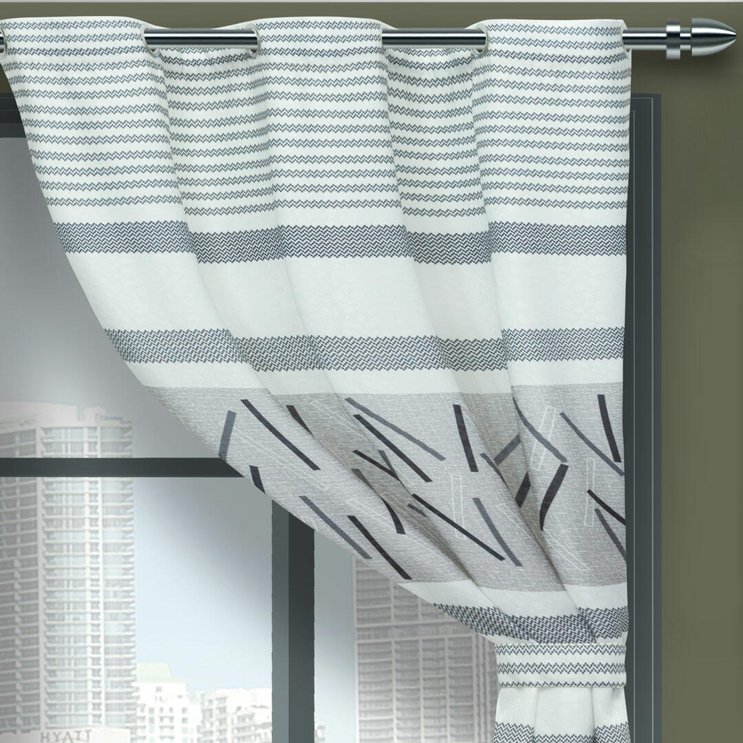 Cortina de Argolla Lona Blanco y Gris de Líneas y Ondas 265 cm - Cortinas | Bylmo
