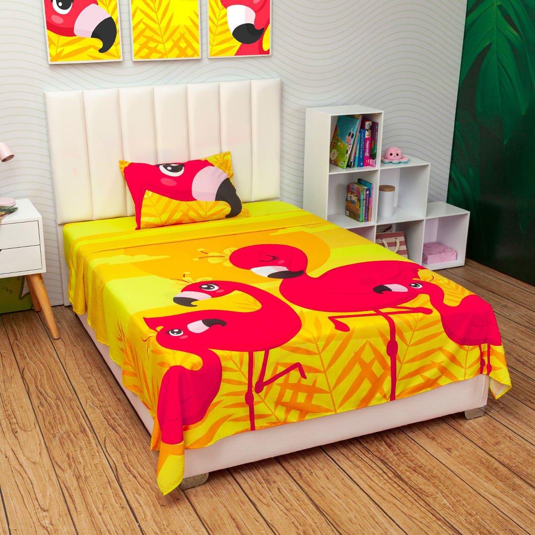 Juego de Sabanas Infantil Microfibra Sencilla 100 cm Amarillo de Flamencos - Ropa de Cama | Bylmo