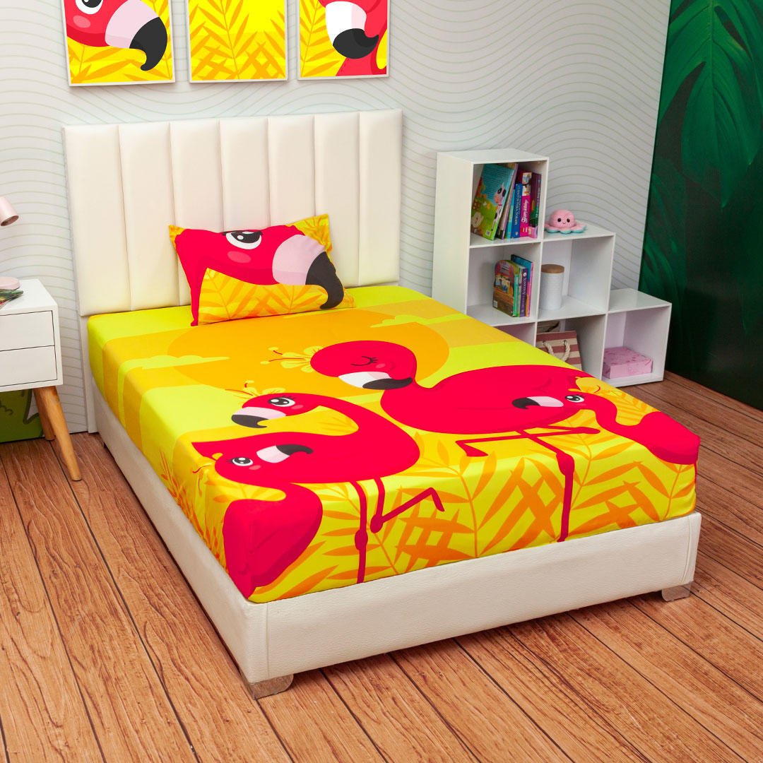 Juego de Sabanas Infantil Microfibra Sencilla 100 cm Amarillo de Flamencos - Ropa de Cama | Bylmo