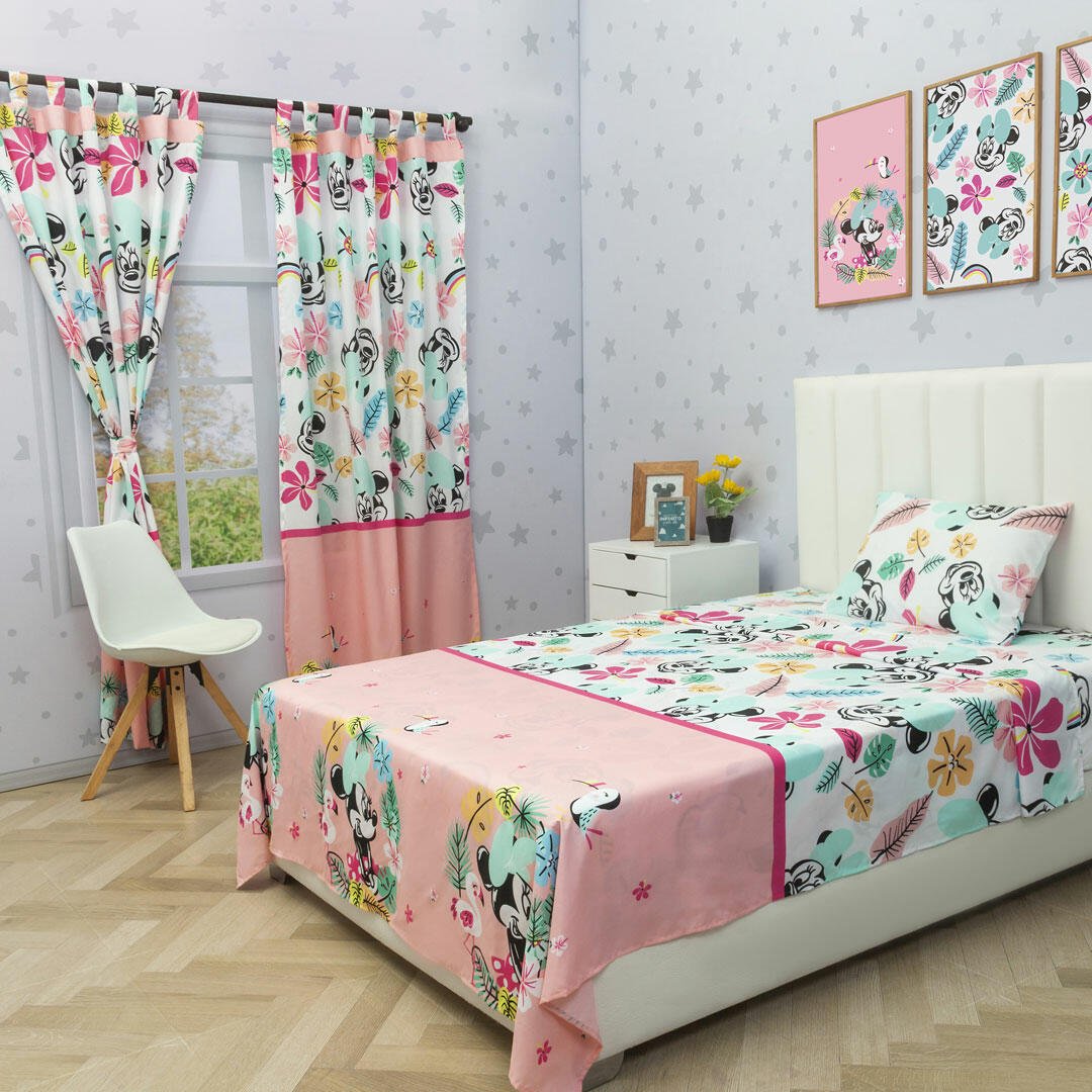 Combo Juego de Sabanas y Cortina Infantil Microfibra Sencilla 100 cm Blanco y Rosado de Minnie - Ropa de Cama | Bylmo