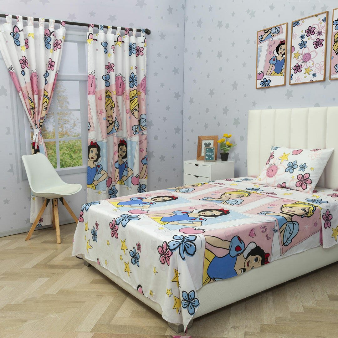 Combo Juego de Sabanas y Cortina Infantil Microfibra Sencilla 100 cm Blanco de Princesas - Ropa de Cama | Bylmo