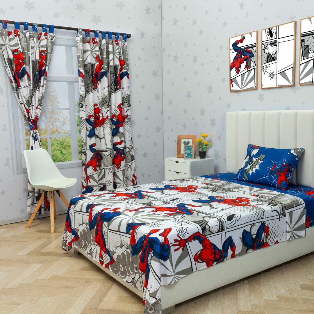 Combo Juego de Sabanas y Cortina Infantil Microfibra Sencilla 100 cm Blanco de Spiderman - Ropa de Cama | Bylmo