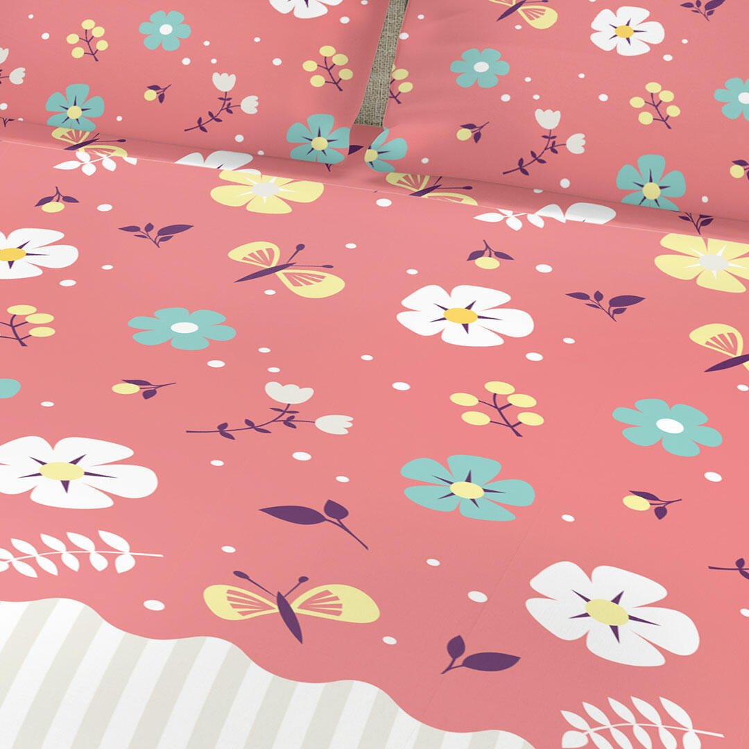 Juego de Sabanas Algodón 180 Hilos King 200 cm Rosado con Flores de Colores - Ropa de Cama | Bylmo