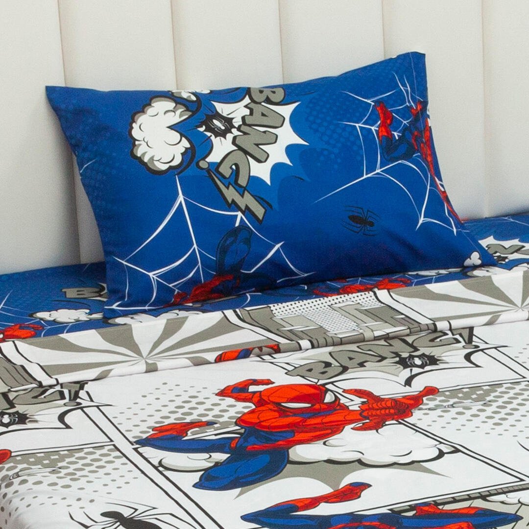 Combo Juego de Sabanas y Cortina Infantil Microfibra Sencilla 100 cm Blanco de Spiderman - Ropa de Cama | Bylmo