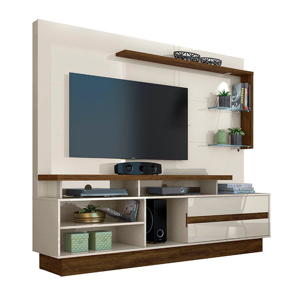 Centro de Entretenimiento Vicente Savana y Blanco 200 cm con Una Puerta y Entrepaños de Vidrio - Muebles para TV | Bylmo