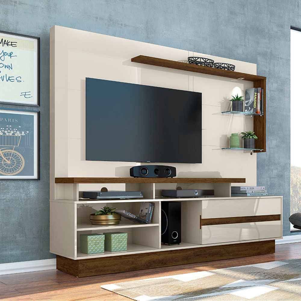 Centro de Entretenimiento Vicente Savana y Blanco 200 cm con Una Puerta y Entrepaños de Vidrio - Muebles para TV | Bylmo