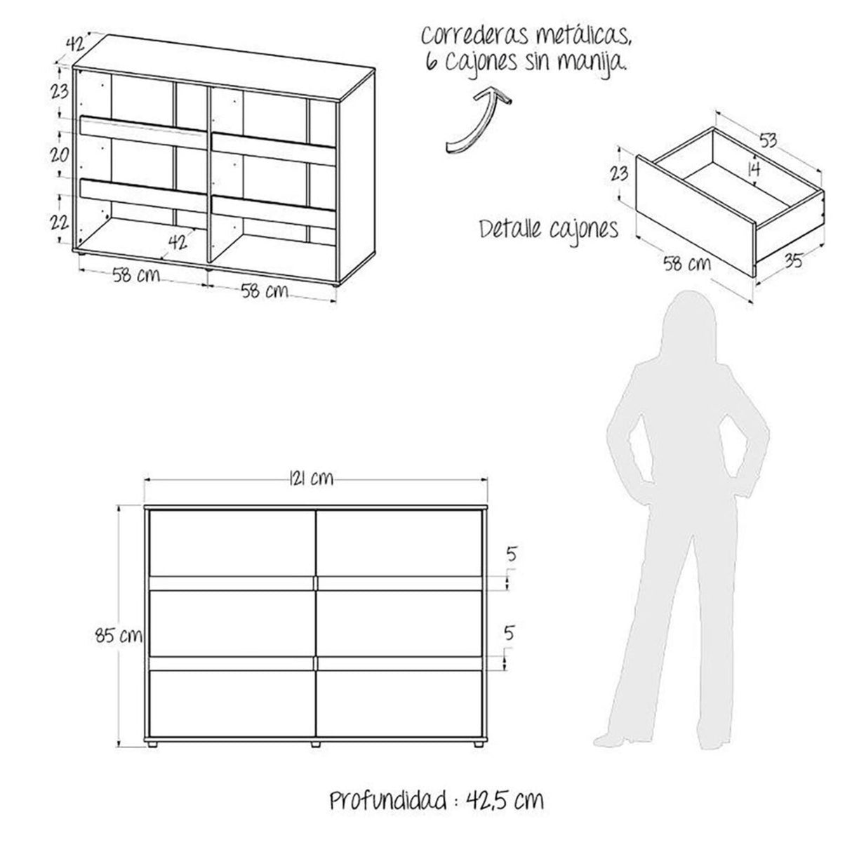Cómoda Gaia 6 cajones 120.9x85.3 Caramelo Moderna