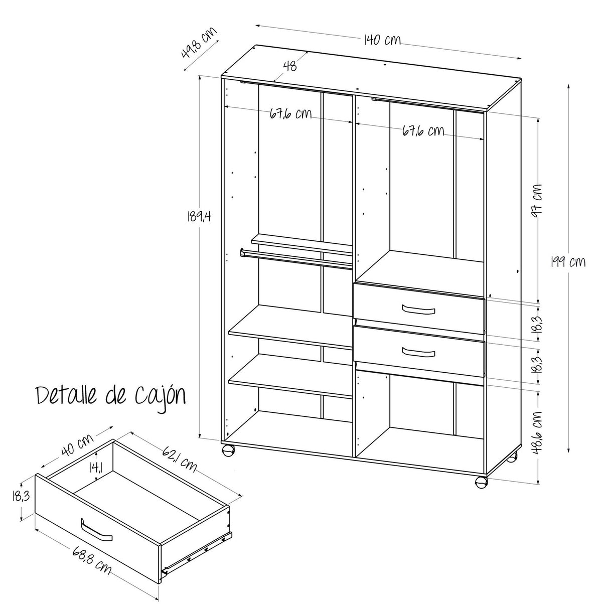 Closet Nova Compacto 140cm Ceniza 2 Cajones 6 Puertas