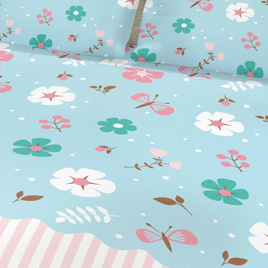 Juego de Sabanas Algodón 180 Hilos King 200 cm Azul con Flores Blancas y Rosadas - Ropa de Cama | Bylmo