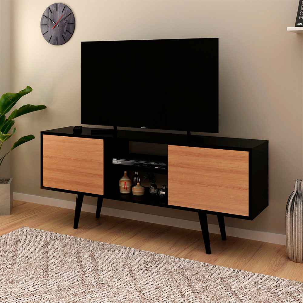 Rack Ecuador Almendra y Negro 136 cm con Dos Puertas - Muebles para TV | Bylmo